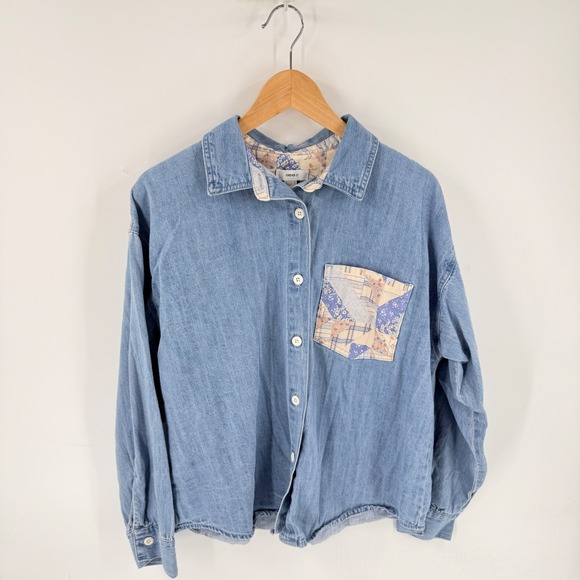 Forever 21 Tops - Forever 21 Patchwork Chambray Denim Button Down Size L Cottagecore Retro Plaid